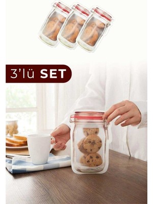 Çok Renkli Orta Boy Kavanoz Görünümlü Kilitli Saklama Poşetleri 3'lü Set