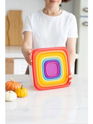 7'li Çok Renkli Kare Saklama Kabı Seti, Mikrodalga ve Derin Dondurucu Uyumlu