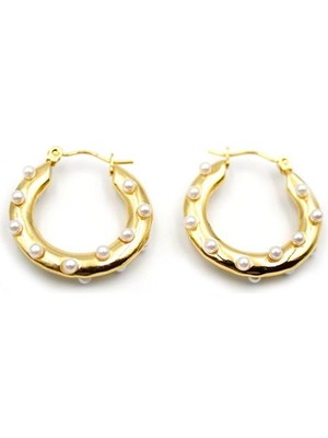 Incili Halka Çelik Küpe - Altın