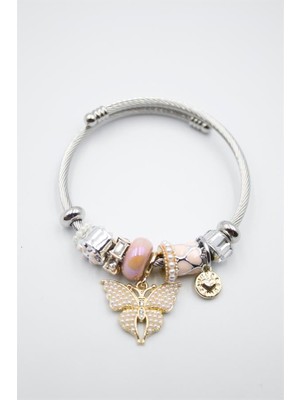 Çelik Charmlı Kelebek Bileklik - Pembe