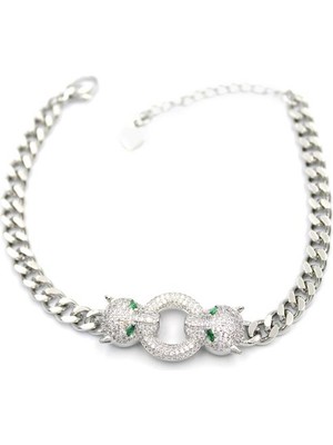 Kapamarka Zirkon Taşlı Leopar Bileklik - Gümüş