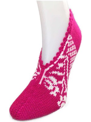 El Örgüsü Kışlık Şık Kadın Yün Patik Fuşya