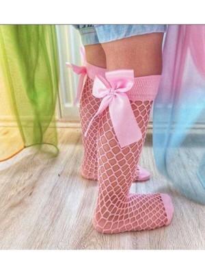 Pembe Fileli Diz Altı Fiyonklu Kız Çocuk Çorap