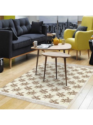 Dekoreko Kaymaz Dijital Mutfak & Salon Halı Luna Pamuk Saçaklı Vintage AL5011 Bej