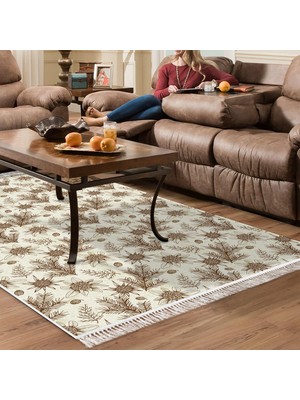 Dekoreko Kaymaz Dijital Mutfak & Salon Halı Saray Deri Saçaklı Vintage AL5009 Bej