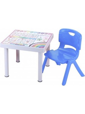 Sağlam Plastik Mandella Rubi İngilizce Desenli Çocuk Masası 1 Adet Nova Orta Çocuk Koltuk Mavi