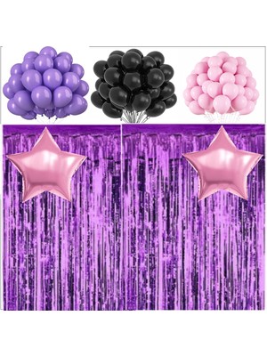 Mor, Siyah, Pembe Pastel Balon, 2 Adet Pembe Yıldız Balon, 2 Adet Mor Arka Fon