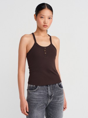 21106 Düğme Detaylı Askılı Atlet-Koyu Kahve