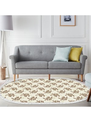 Alanur Home Kaymaz Dijital Mutfak & Salon Halı Star Pamuk Saçaklı Oval Vintage AL5011 Bej