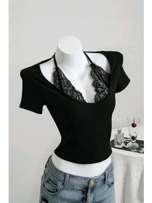 Kara Kedi Siyah Bağlamalı Dantelli Ekli Gotik Y2K Kısa Kollu Crop