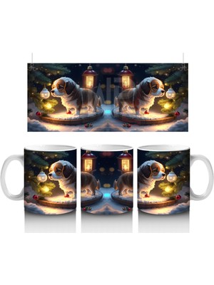 Yılbaşı Temalı Işıklarla Süslenmiş Köpekler – Baskılı Kahve Kupası