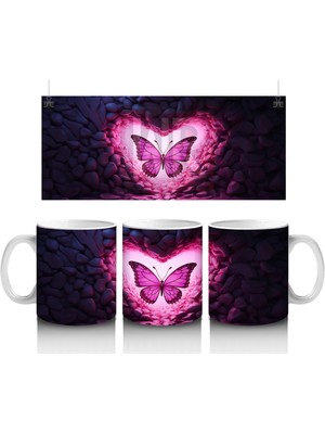 Pembe Işıklar Arasında Parlayan Kelebek – Baskılı Kahve Kupası