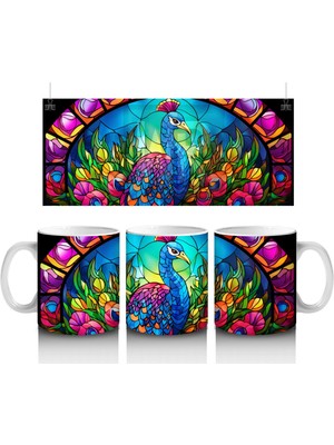 Renkli Cam Vitray Stilde Tavus Kuşu – Baskılı Kahve Kupası