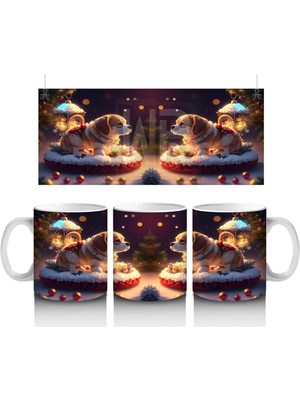 Yılbaşı Temasında Masada Oturan Köpekler – Baskılı Kahve Kupası