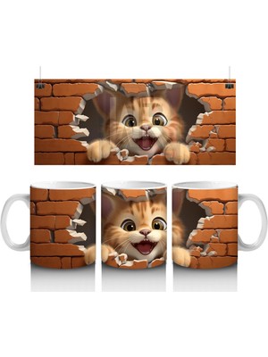 Tuğla Duvar Arasından Bakan Neşeli Kedi – Baskılı Kahve Kupası