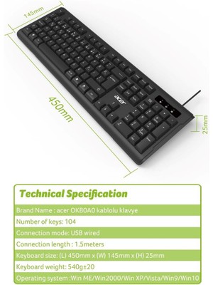 Acer OAK-0A0  Siyah Kablolu Sessiz Tuşlu  Klavye (Caps Lock) (Kablo Uzunluğu 1.50Cm) Caps Lock