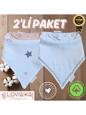 Lovimom 2'li Paket Premium Pamuk Ekstra Soft 2 Kat Müslin Bebek Fuları Salya & Mama Önlüğü 3 Çıtçıtlı - Star + Bright
