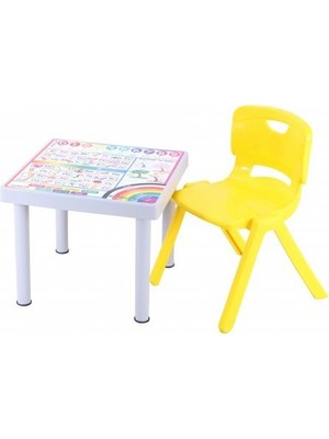 Sağlam Plastik Mandella Rubi Türkçe Desenli Çocuk Masası 1 Adet Nova Büyük Çocuk Koltuk Sarı