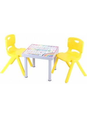 Sağlam Plastik Mandella Rubi İngilizce  Desenli Çocuk Masası 2 Adet Nova Büyük Çocuk Koltuk Sarı