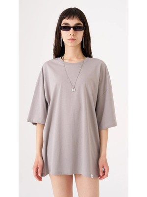 Kadın Basic Pamuklu Süprem Oversize Gri Tişört