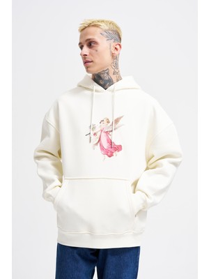 Erkek Hero Angel Baskılı Oversize Ekru Sweatshirt