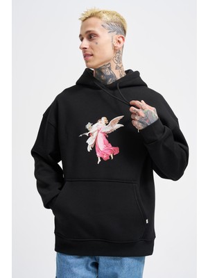 Erkek Hero Angel Baskılı Oversize Siyah Sweatshirt