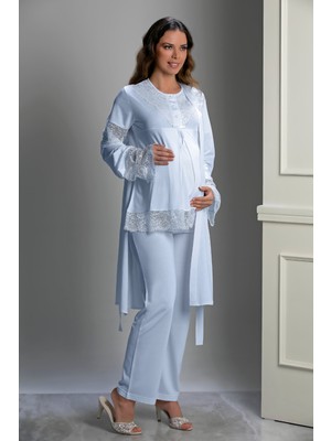 Mavi Özel Tasarım Hamile ve Lohusa Pijama Takım 3'lü Set - M