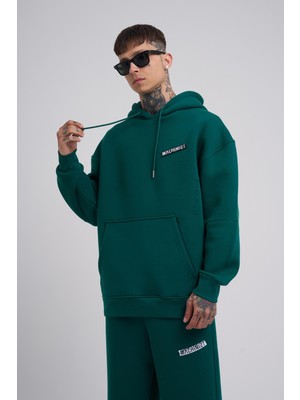 Erkek Nakışlı Kanguru Cepli Oversize Petrol Yeşili Sweatshirt