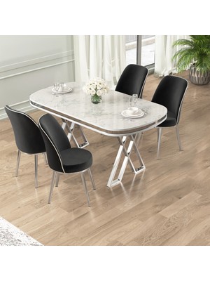 Lai Serisi 90X168 Lak Panel Beyaz Mermer Desen Masa ve 4 Siyah Sandalye Krom Ayak