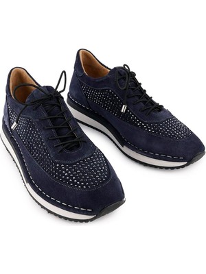 Hakiki Deri Taşlı Günlük Rahat Süet Bağcıklı Ayakkabı Lacivert Süet 25633