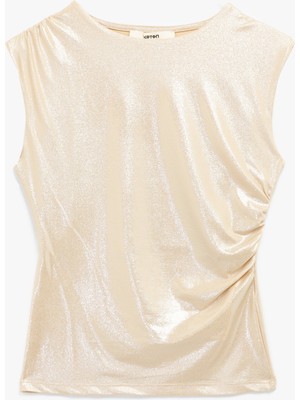 Koton Slim Fit Drapeli Bisiklet Yaka Kolsuz Parlak Bluz