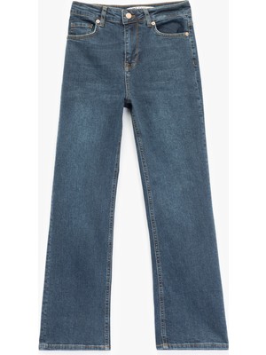 Koton Yüksek Bel Dar Kalıp Düğmeli Cepli Ispanyol Paça Crop Jean Pantolon - Flare Jeans