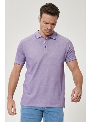 AC&Co / Altınyıldız Classics Erkek Çekmeyen Pamuklu Kumaş Slim Fit Dar Kesim Mor-Beyaz Kıvrılmaz Polo Yaka Tişört