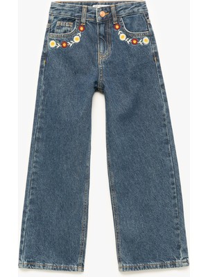 Koton Yüksek Bel Pamuklu Bol Kalıp Çiçek Işlemeli Geniş Paça Denim Pantolon