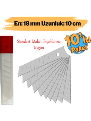 Maket Bıçağı Yedeği 10'lu Paket Ucu Kalınlık 0.50 mm En: 1.8 cm Uzunluk: 10 cm Kırılabilir Yedek Uç