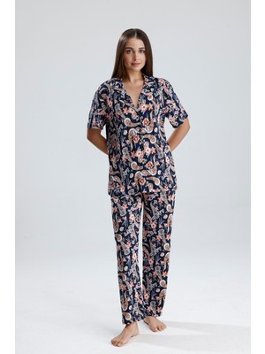 Kadın Düğmeli  Şal Desen Kısa Kollu Pijama Takım