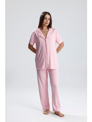 Kadın Yazı Detaylı Kısa Kollu Pijama Takım | Pembe Paris