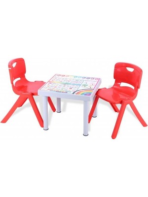Sağlam Plastik Mandella Rubi Türkçe Desenli Çocuk Masası 2 Adet Nova Büyük Çocuk Koltuk Kırmızı