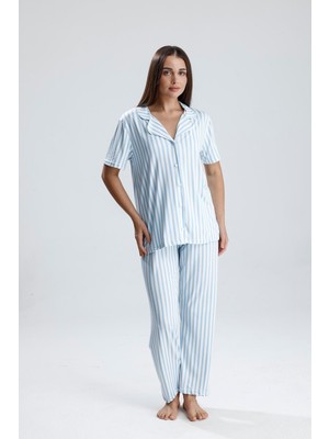 Kadın Kısa Kollu Dikey Çizgili Pijama Takım | Mavi