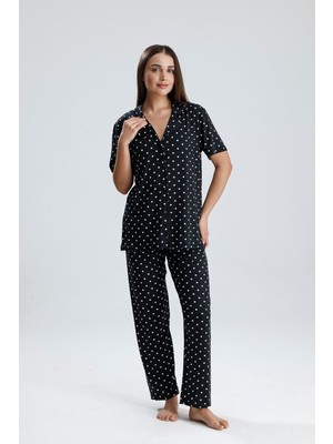 Kadın Düğmeli Puantiye Desen Kısa Kollu Pijama Takım | Siyah