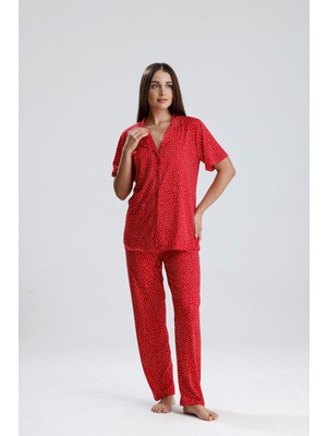 Kadın Düğmeli Puantiye Desen Kısa Kollu Pijama Takım | Kırmızı