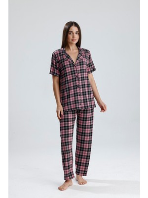 Kadın Önden Düğmeli Pijama Takım Ekose Pembe