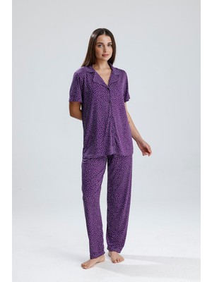 Kadın Düğmeli Puantiye Desen Kısa Kollu Pijama Takım | Mor
