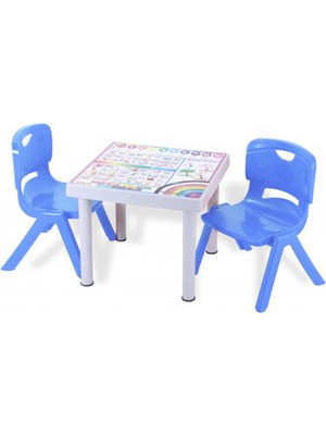 Sağlam Plastik Mandella Rubi İngilizce Desenli Çocuk Masası 2 Adet Nova Orta Çocuk Koltuk Mavi