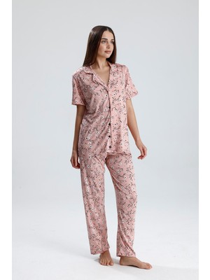 Kadın Düğmeli Floral Desen Kısa Kollu Pijama Takım | Pembe