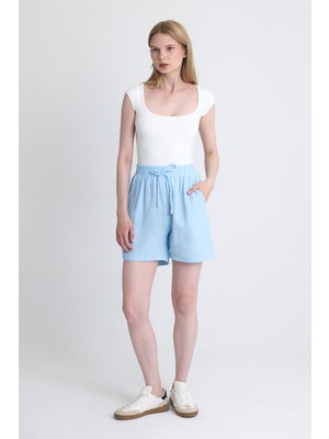 Bebe Mavi Beli Lastikli %100 Pamuk Müslin Şort 4769A