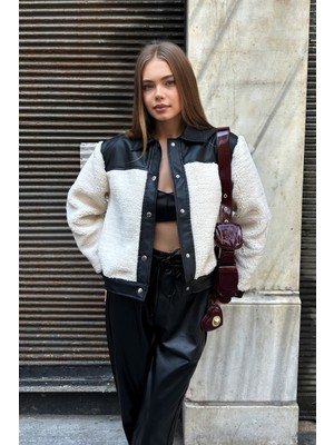 Kadın Siyah Deri Detaylı Peluş Bomber Ceket - Oversize