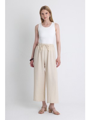 Bej Bel Lastikli Pamuklu Örme Pantolon 8045A