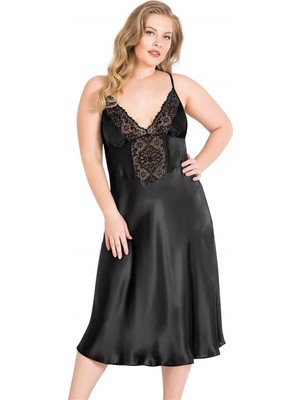 Arias Closet Büyük Beden Siyah Uzun Saten Gecelik OZN-14031