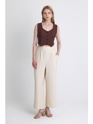 Bej Yüksek Bel Ön Pile Detaylı Pamuklu Bol Paça Pantolon 8014A
